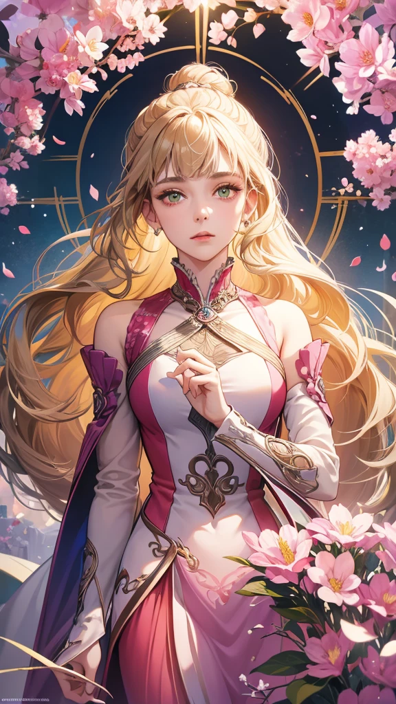 (absurdres, highres, ultra detailed), 1girl, mature female, wavy blonde hair, long hair, blunt bangs, green eyes, pink dress, finely detailed eyes and detailed face, extremely detailed CG unity 8k wallpaper, intricate details, BREAK , kaleidoscopic imagery, symmetrical patterns, vibrant colors, geometric shapes, mesmerizing designs, optical illusions, dynamic composition BREAK , pantomime art, expressive body language, silent storytelling, evocative gestures, visual narratives, theatrical performances BREAK , blooming flowers, colorful petals, fragrant scents, nature's bounty, vibrant gardens, peaceful scenery