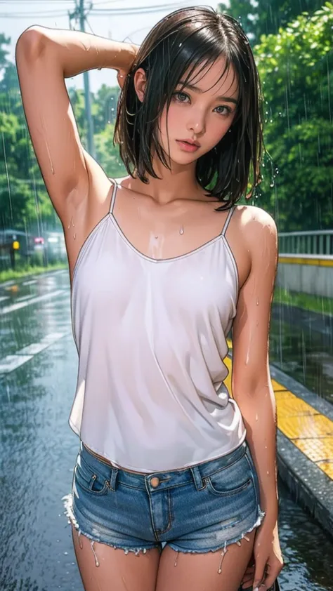 ((masterpiece,Highest quality;1.3,Best illustrations)), ((get wet:1.5)), (Raise your arms, Please show me your armpits:1.3), (Be...
