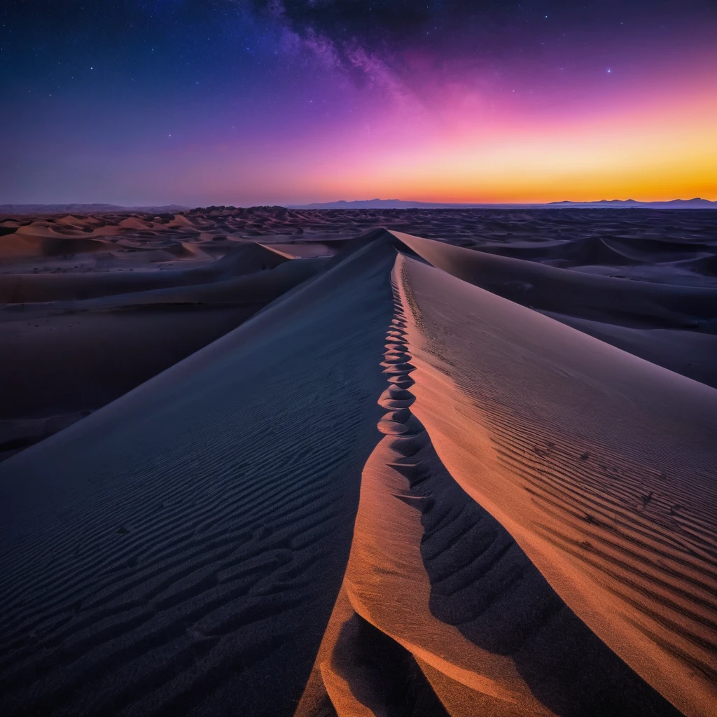 Foreground a vast desert with beautiful dunes which have different sizes, some larger than others, These look like fine, soft sand., It seems that they are moved by a delicate wind, plays with the shadows that they cast. From the camera angle it appears to be a first-person shot., Well, it is from the visual perspective as if I were looking straight at the entire scene., From that angle you can see a straight translucent path of different colors that makes its way through the middle of the desert.. This translucent path of colors takes the viewer to a colossal pyramid that is in full radiance., This pyramid has a particular shape since from the front it can be seen that it has many steps that lead to what appears to be a flat base and that it has a large statuette carved in stone of two intertwined snakes that form the figure of human DNA.. This landscape is wrapped in a night atmosphere where the observable sky is illuminated by stars and nebulas of beautiful colors., which means that the landscape was from a very early period in that place. The image details are impressive, It seems like a landscape out of this time and plane, something incredible for what has always been seen by human beings. ((All elements must be frontal))