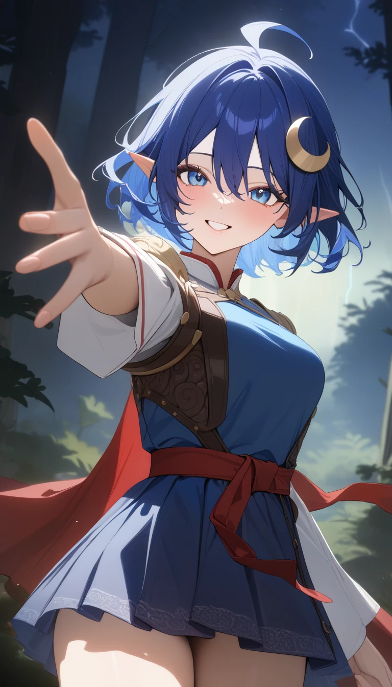 1girl, RENA LANFORD, 1GIRL, AHOGE, BLUE HAIR, SHORT HAIR, BLUE EYES, POINTY EARS
CRESCENT HAIR ORNAMENT, RED CAPE, BLUE VEST, LEATHER ARMOR, RED RIBBON, WAIST RIBBON, BLUE SKIRT, MINISKIRT, SHOES, BREAK kawaii, smile, cowboy shot, own hands clasped, forest, night, lightning bug, light particle, BREAK detailed face, smooth skin, cinematic lighting, volumetric shadow, BREAK (masterpiece:1.2), (best quality:1.2), (very aesthetic:1.2), (absurdres:1.2), (detailed background), newest, (intricate:1.2), 