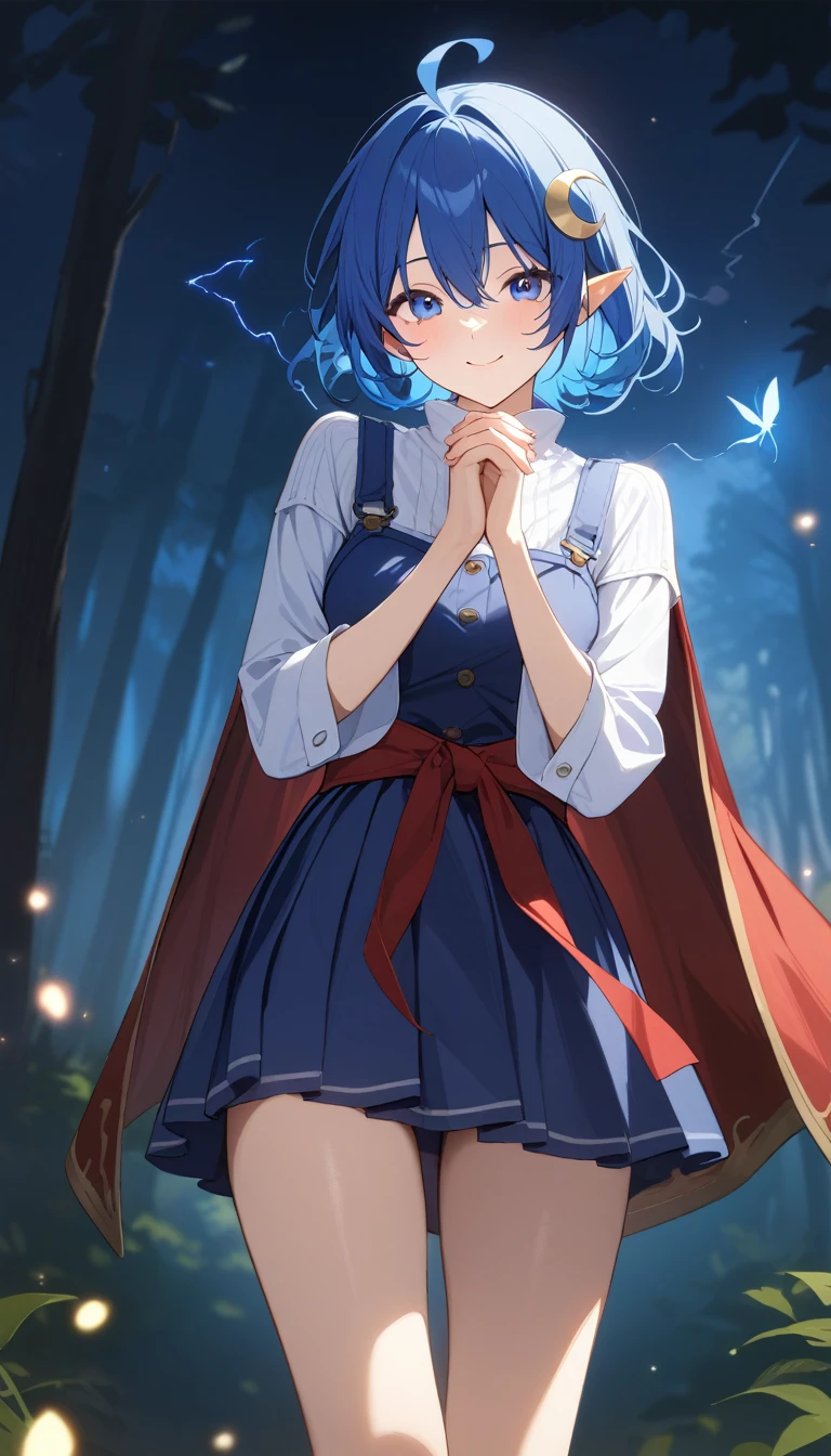 1girl, RENA LANFORD, 1GIRL, AHOGE, BLUE HAIR, SHORT HAIR, BLUE EYES, POINTY EARS
CRESCENT HAIR ORNAMENT, RED CAPE, BLUE VEST, LEATHER ARMOR, RED RIBBON, WAIST RIBBON, BLUE SKIRT, MINISKIRT, SHOES, BREAK kawaii, smile, cowboy shot, own hands clasped, forest, night, lightning bug, light particle, BREAK detailed face, smooth skin, cinematic lighting, volumetric shadow, BREAK score_9, score_8_up, score_7_up, (masterpiece:1.2), (best quality:1.2), (very aesthetic:1.2), (absurdres:1.2), (detailed background), newest, (intricate:1.2), 