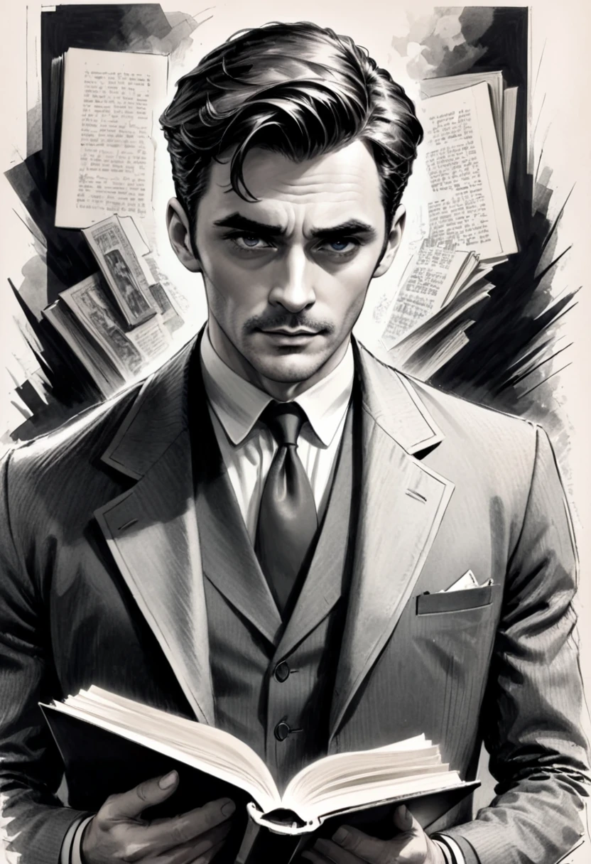 Sketch of Detective Inspector, featuring a man, captivating gaze, clutching a book, only upper body visible, subtle shading to suggest a chiseled jawline, heroic stature,mismatched pages, charcoal, noir style, story-packed eyes, under sharp overcast lighting,  sketchbook aesthetic, grayscale, soft texture, expressive line work, monochrome with hues of gray, pen-drawn detail,sk3tch,v0ng44g