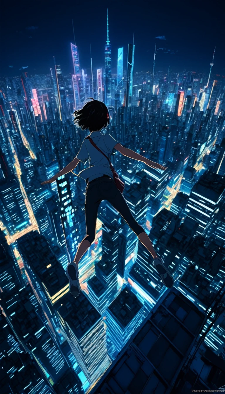 (Junkotvv Cheveux noirs avec frange, (oreille de chat), les yeux rouges), Un homme tombe dans les airs d'un immeuble avec une ville en arrière-plan, Concept art par Yumei, Tendances de la société CGS, art conceptuel, Surplombant la ville densément peuplée, Makoto Shinkai Cyril Rolland, Aube CGSOCIEDAD, Ciel spatial. par Makoto Shinkai, Rendu d&#39;octane. par Makoto Shinkai, Association de CG haute résolution,kafka ,8k, Vue de la ville depuis un gratte-ciel.,Ville de néon la nuit,