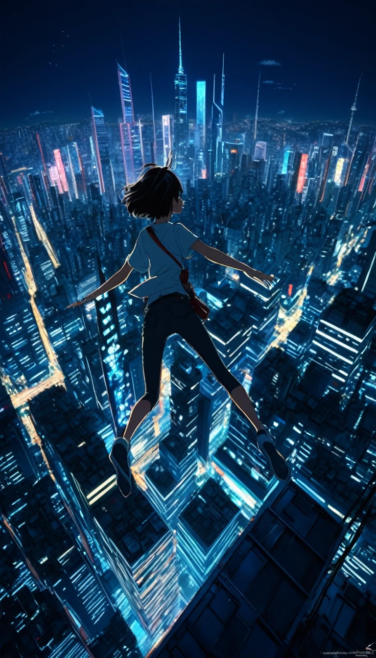 (Junkotvv Cheveux noirs avec frange, (oreille de chat), les yeux rouges), Un homme tombe dans les airs d'un immeuble avec une ville en arrière-plan, Concept art par Yumei, Tendances de la société CGS, art conceptuel, Surplombant la ville densément peuplée, Makoto Shinkai Cyril Rolland, Aube CGSOCIEDAD, Ciel spatial. par Makoto Shinkai, Rendu d&#39;octane. par Makoto Shinkai, Association de CG haute résolution,kafka ,8k, Vue de la ville depuis un gratte-ciel.,Ville de néon la nuit,