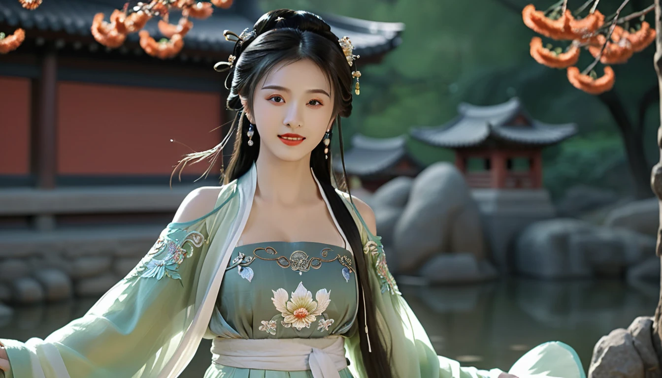 Ultra realistic,Intricate,Epic movie scene),1girl,hanfu,full body,(huge breasts:1.7),casting an otherworldly radiance on its surroundings,(Intricate, Lots of tiny details, amazing lighting, amazing setting),(Colorful, Ultra Realistic, High quality, Highly detailed, Sharp focus, 8K UHD, Ultra realism,(smile:0.3),,,,,seductive smile,off shoulder,,