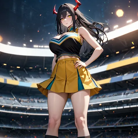 a woman wearing a cheerleader uniform, black shirt with gold details, sleeveless shirt, big breasts, yellow skirt, long black so...