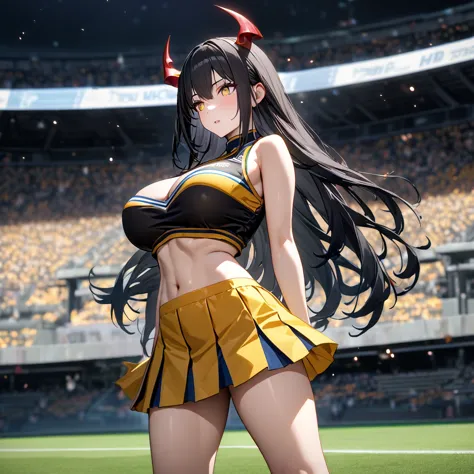 a woman wearing a cheerleader uniform, black shirt with gold details, sleeveless shirt, big breasts, yellow skirt, long black so...