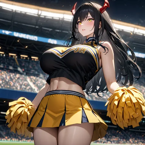 a woman wearing a cheerleader uniform, black shirt with gold details, sleeveless shirt, big breasts, yellow skirt, long black so...