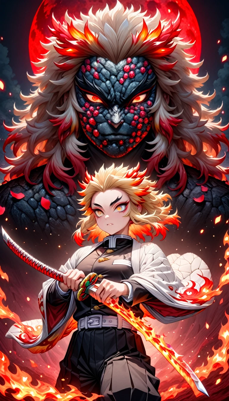 Super detailliert, Hohe Auflösung, Absurd, Hohe Auflösung, Meisterwerk, Rengoku Kyojuro, Blonde, ausdrucksstarke goldene Augen, Weißer Haori mit Flammenmuster, schwarze Demon Slayer Uniform, Kimetsu no Yaiba, Fantasie, Blütenblatt, rote Blume, gut aussehend, sexy man ein Schwert ergreifen, allein, Magie, shining red Feuerflies, roter Mond, höchste Qualität, sehr detailliertes Gesicht und Augen, Feuer, ein Schwert ergreifen