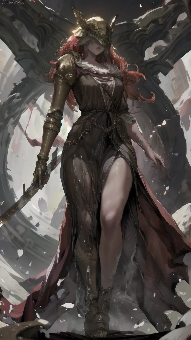 1 girl, ultra sharp image, portrait of a girl, Gothic style, fantasy, beautiful figure, beautiful, full length (full body 1.1.), battlefield, swords stuck into the ground in the background, Red sunset, slender legs, buttocks, slender legs, Wasp waist, sexy, fighting pose, fighting stance, only,helmet,light-skinned Женский, One, long curved sword in hand