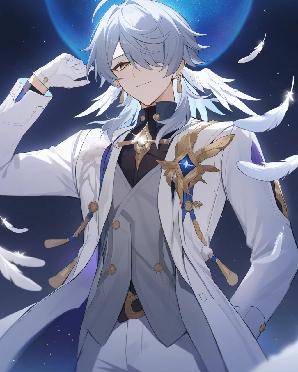 masterpiece,best quality,sunday_(honkai:_star_rail), pants, grey_vest, gold_trim, standing, open_clothes, black_shirt, sidelocks, white_coat, one_eye_covered, sky, tassel, smile, vest, hands_up, starry_sky, looking_at_viewer, gloves,  solo, star_\(sky\), sparkle, glint, diffraction_spikes, open_coat, hand_up, shirt, hair_over_one_eye, long_sleeves, jewelry, white_gloves, white_jacket, jacket, ahoge, open_jacket, 1boy, male_focus, feathers, earrings, white_pants, coat