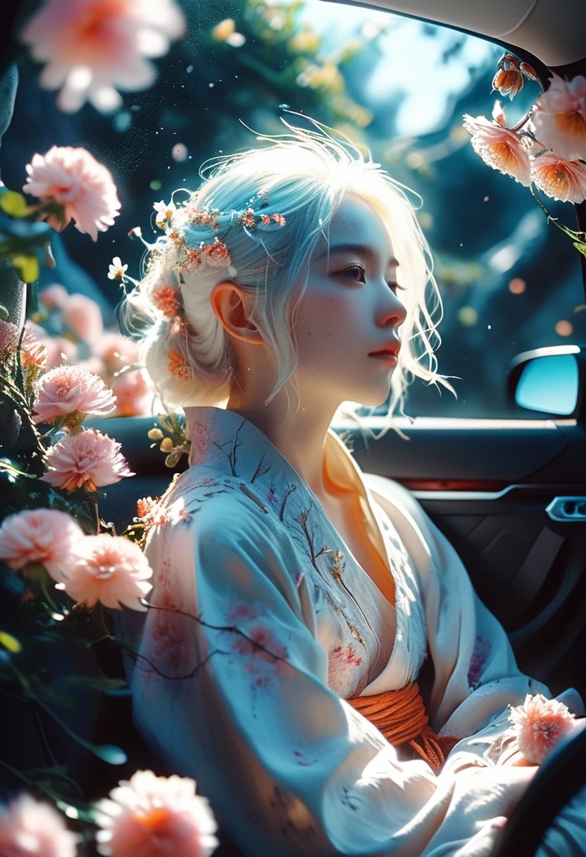 breathtaking Ethereal fantasy concept art of cinematic film still,Chinese Girl,A girl with white hair sitting in car filled withflowers,Artwork by Rinko Kawauchi,In a naturalistic pose,Holiday Dad Core,young and energetic,very cool expression,Body extension,Flowers in the sky,****and movies,Super Detail,Dreamy lofi photography,rich and colorful,Covered with flowers and vines,Internal view,Shot with Fujifilm XT4 . Shallow depth of field,Vignette,Very detailed,High Budget,Bokeh,Widescreen movies,Moody,epic,Gorgeous,Film Grain,Granular . Gorgeous,Heavenly,Ethereal,Painterly,epic,majestic,magic,Fantasy Art,Cover Art,Dreamy,monk, . The award-winning, professional, Very detailed, Lord of Light, monk, Sunlight