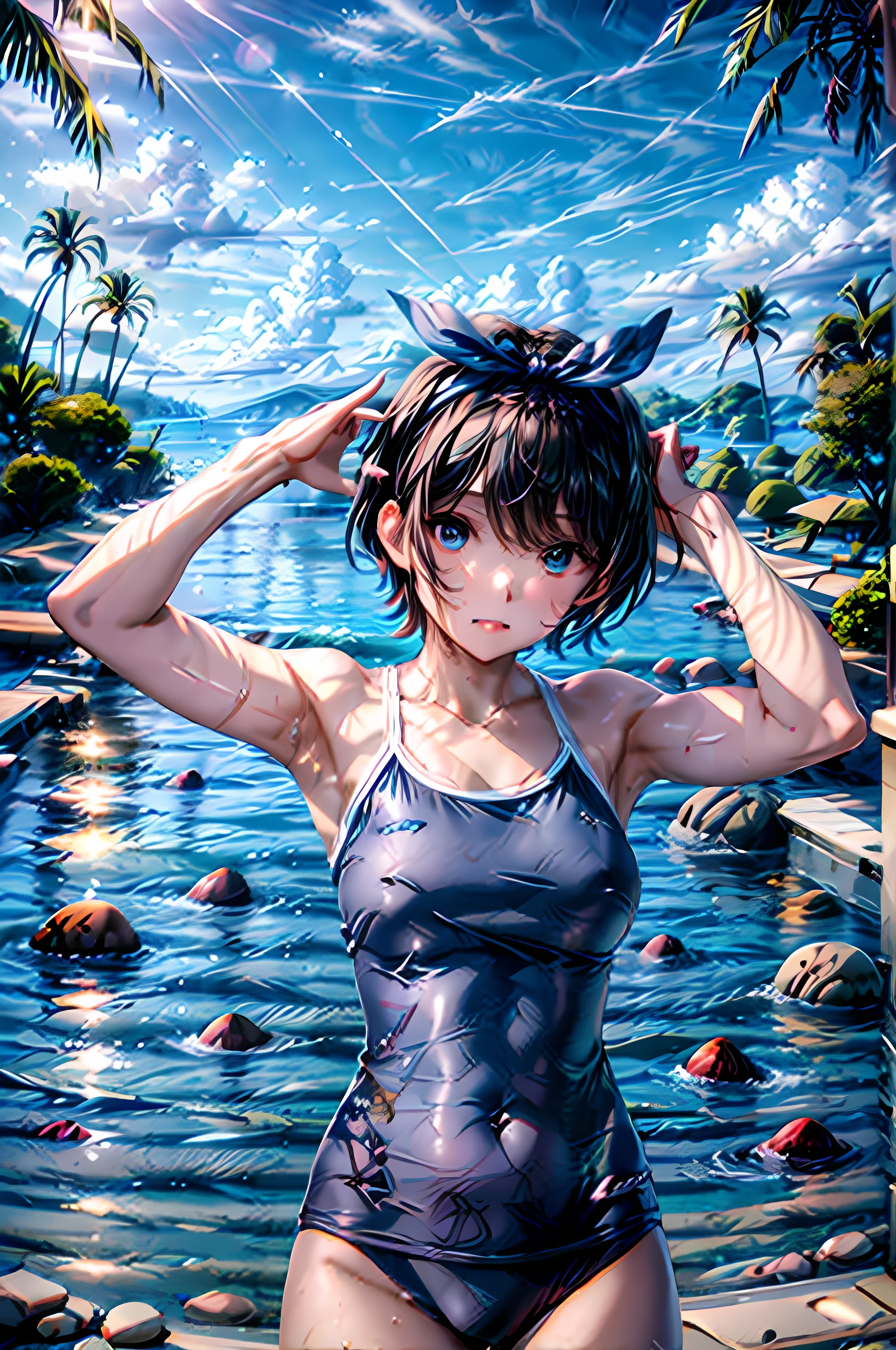 1girl, solo, BREAK (Blue eyes) BREAK, BREAK school swimsuit, (T405, blue one-piece swimsuit,) BREAK, BREAK black hair, short hair, bangs, BREAK hairband, hair ribbon, blue hairband, bow BREAK, (sarashina ruka), Perfect Anatomy, Hide your hands behind your head, Larger breasts, Beautiful Skin, (tanskin), masterpiece:1.2, Highest quality, Highest quality, Winner of numerous top awards, Midnight, (nightpool), The sea at a luxury resort