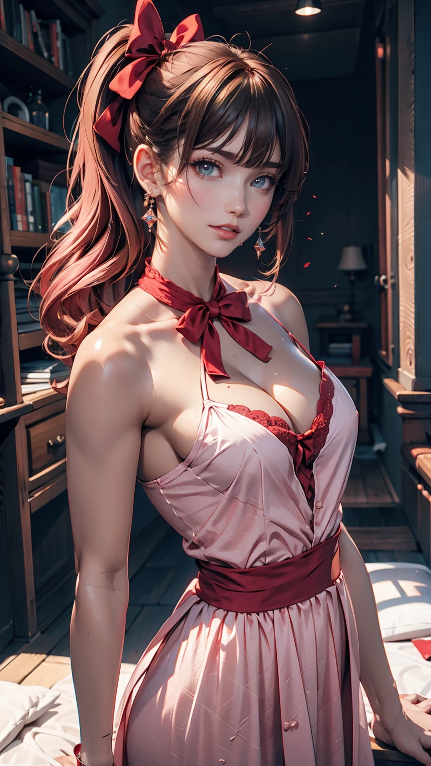 A very delicate and cute girl with pink hair and a lolita dress. 8K ultra-high image quality, Delicate texture, Pure white background.24-year-old female、Sexy proportions、Sexy breasts、Narrow waist、Long eyelashes、Side Ponytail((side ponytail))、hair band((hair ribbon))、Red hair、Textured skin((textured skin))