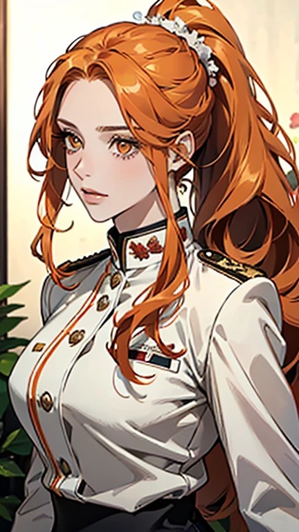 Masterpiece, high quality, Single female, Ethereal, mature, beautiful, masculine, portrait, two metres long wavy fair ginger hair, flowy hair, ponytail cascades down the ankles, NO bangs, show forehead, olive skin, orange eyes, vibrant orange eyes, yellow eyebrows, cocky smile, colorful, red colors, white colors, wearing a white woman's suit, wearing a white suit outside, military rank insignia, white miniskirt, no accessories, The face is angry, arrogant, assertive, intimidating, wild roses in the background, night-time, wild roses, Rich in color, close-up shot, bust photo, NO hands. Look at viewer.