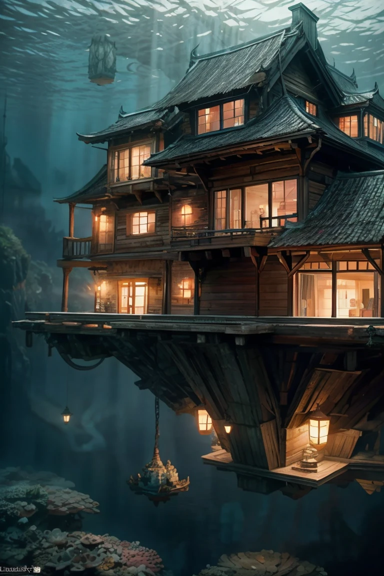 Color (Fantasy: 1.2), (Hayao Miyazaki style), (irregular building floating under the sea), patchwork cottages, Moss decorations, coral, lights, concept art inspired by Andreas Rocha, Artstation contest winner, Fantasy art, (underwater city), ross tran, light shafts, realistic lighting, masterpiece, high quality, beautiful graphics, high detail, masterpiece, high quality, beautiful graphics, high detail, 