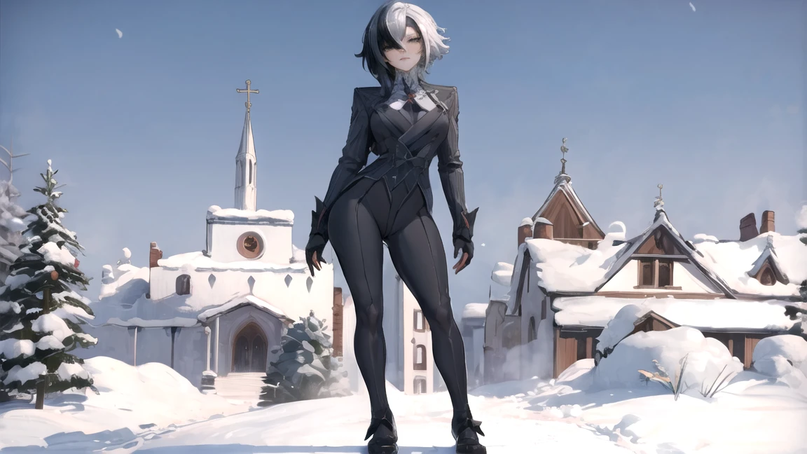 thick outlines, comics, photorealistic, perfect hands, masterpiece:1.2, beautiful figure, red crosses instead of pupils, full length (full body 1.1), кафедральный cathedral, Dark, Gothic,  detailed background, snow, cathedral, 1 girl, One, White hair, black hair, multicolored hair, X-shaped pupils, black eyes, Arles_suit, , detailed background, Detailed face, detailed eyes, 