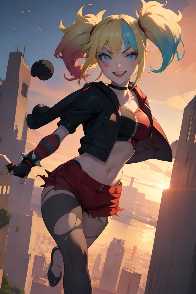 (masterpiece, best quality:1.2), solo, 1girl, isekaiharley, smile, looking at viewer, running, twintails, v-shaped eyebrows, two-tone jacket, crop top, short shorts, torn pantyhose, fingerless gloves, choker, spiked bracelet, cityscape scenery, running, sunset 