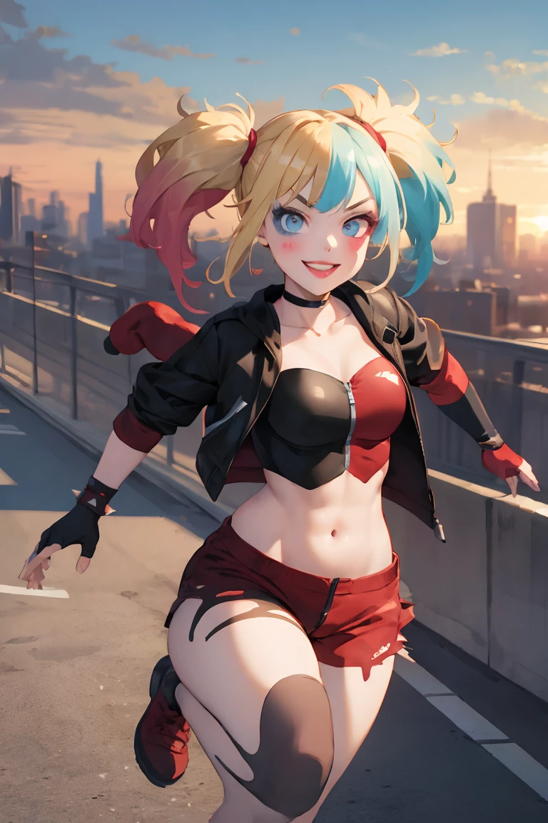 (masterpiece, best quality:1.2), solo, 1girl, isekaiharley, smile, looking at viewer, running, twintails, v-shaped eyebrows, two-tone jacket, crop top, short shorts, torn pantyhose, fingerless gloves, choker, spiked bracelet, cityscape scenery, running, sunset 