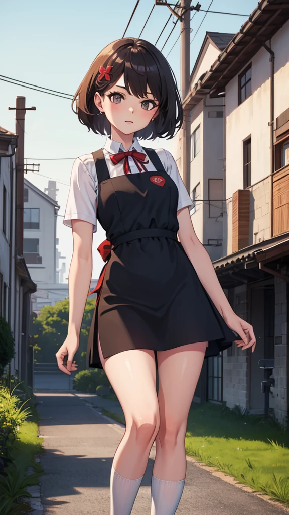 masterpiece,Highest quality,One girl,daughter, hair ornaments, ribbon, Apron dress, mini skirt, White shirt, Short sleeve, socks, Mary Jane,Are standing,At the station,Asian architecture,Power lines,Outdoor, 