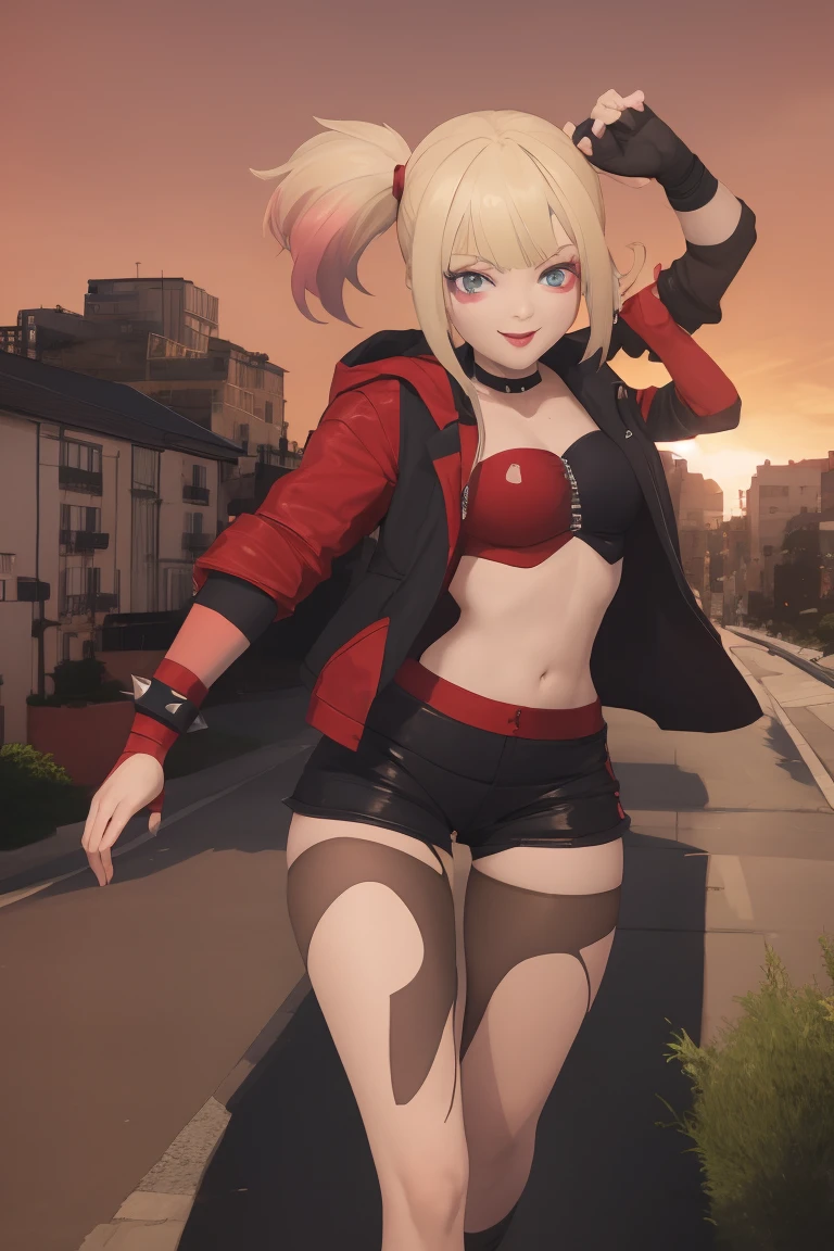 (masterpiece, best quality:1.2), solo, 1girl, isekaiharley, smile, looking at viewer, running, twintails, v-shaped eyebrows, two-tone jacket, crop top, short shorts, torn pantyhose, fingerless gloves, choker, spiked bracelet, cityscape scenery, running, sunset