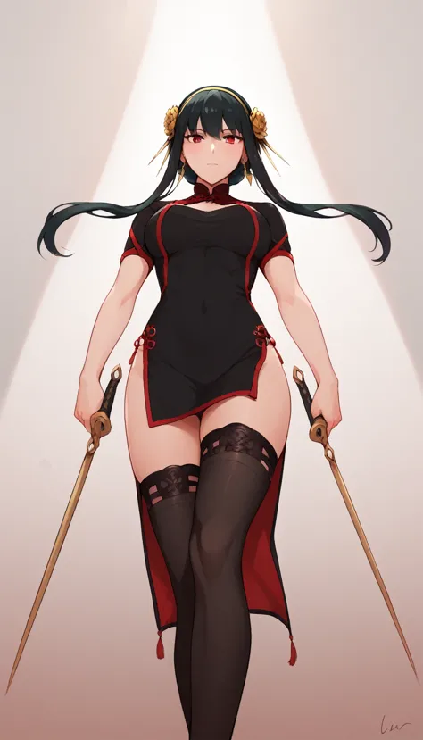 XUER Yor Forger,1girl,yor briar,solo,dual wielding,red eyes,holding,dress,thighhighs,black hair,jewelry,black dress,earrings,bla...