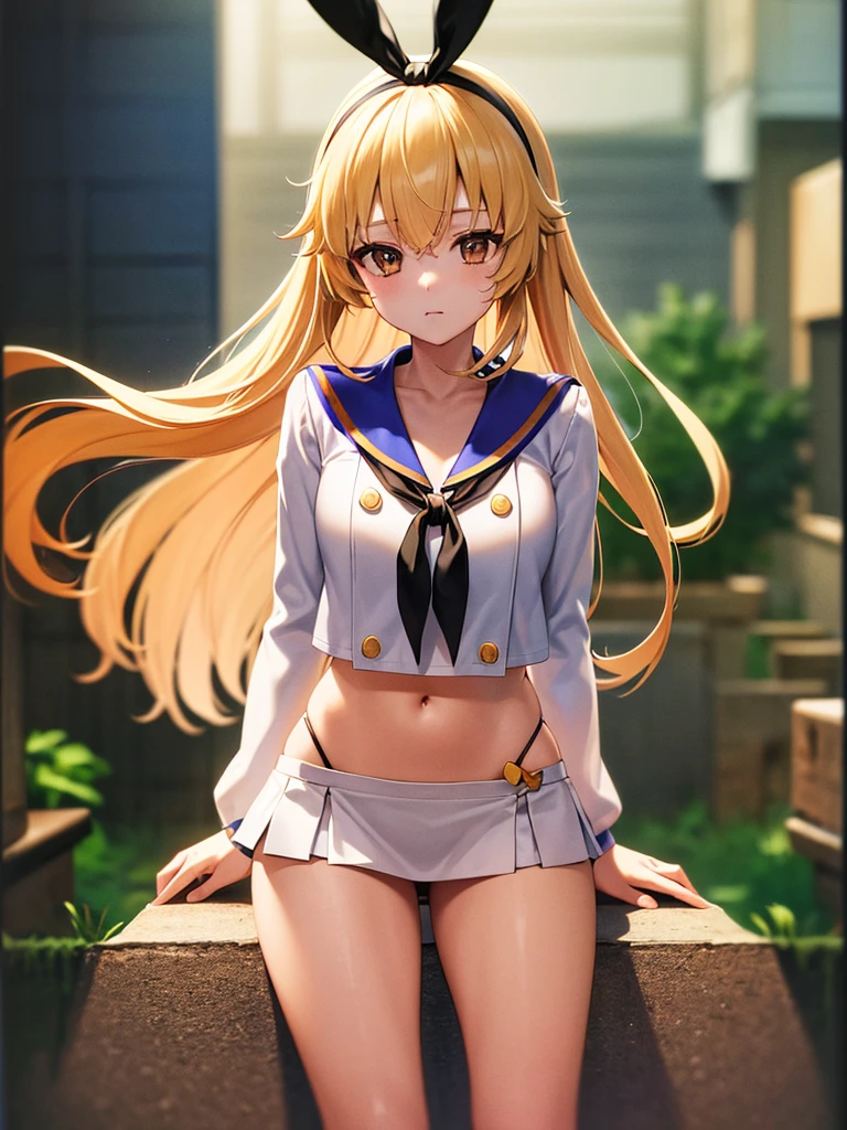 (masterpiece, best quality, highly detailed, ultra detailed, high resolution, absurdres, 4K, 8K:1.2), 
BREAK,shimakaze uniform:1.5, 10 years GIRL,Blonde_HAIR,(RED Ribbon on HAIRband:1.2)