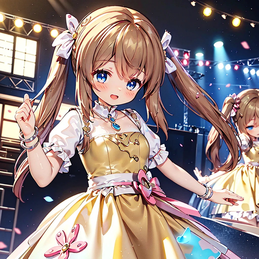 masterpiece, best quality, CG wallpaper, 8k, (1girl, cute, Blue eyes, light brown twin tail, yellow dress), open mouth smile, look away, face away, sing at the stage, neon and led lights
