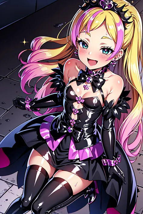 cure flora, 1 girl, blonde hair, black hair ornament, (gothic lolita:1.3), black long skirt, black tiara, wrist cuffs, black glo...