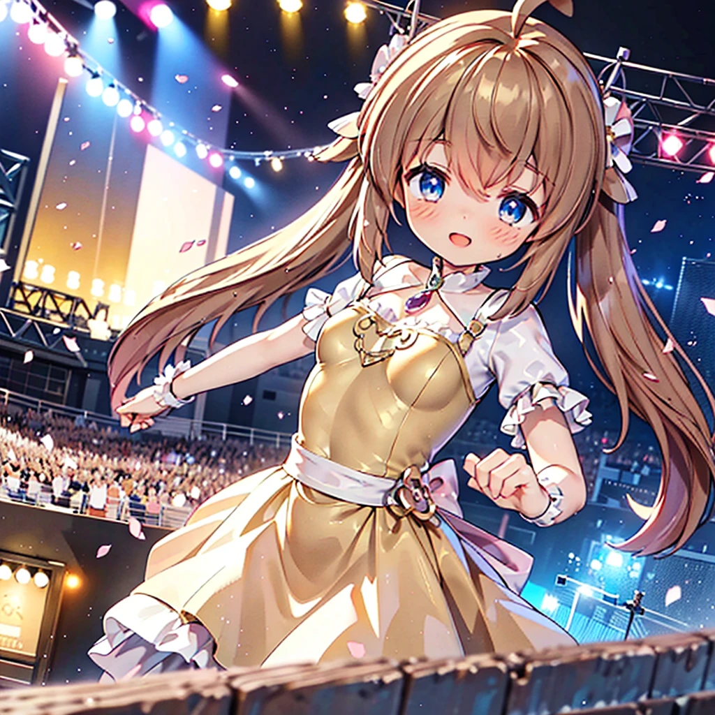 masterpiece, best quality, CG wallpaper, 8k, (1girl, cute, petite, Blue eyes, light brown twin tail, yellow dress), open mouth smile, look away, face away, sing at the stage, neon and led lights
