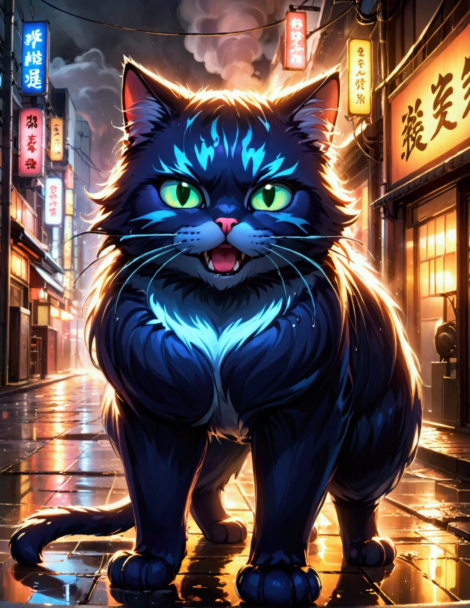 Un gato gigantesco arrasa en Tokio, golpeando tanques como juguetes, escena nocturna, iluminación cinematográfica, composición dramática, muy detallado, Híper realista, 8K, Fotorrealista, atmósfera cinematográfica, colores oscuros y cambiantes, Luces de neón, reflejos en charcos, Vapor y humo, Sensación de caos y destrucción, ángulo de cámara dramático, Pieles y texturas ultra detalladas., ojos penetrantes, colmillos afilados, garras masivas, Músculos poderosos, 1 gato, pose dinámica
