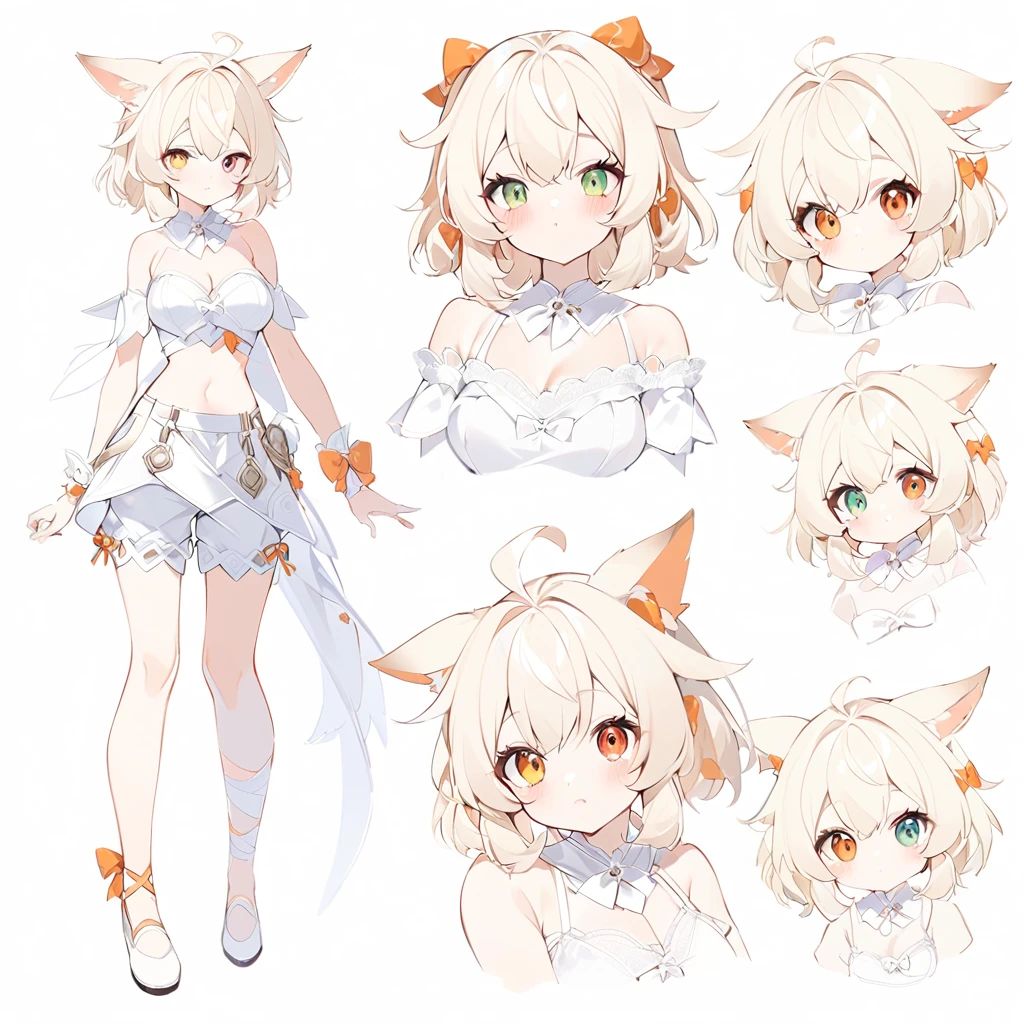 The fox girl,1girl,short hair, The hairstyle is like Klee's,animal ears, bangs, bare shoulders, blonde hair, blush, bow, breasts, white cleavage, cropped torso, , green eyes, hair ribbon, heterochromia, , looking at viewer, , orange bow, orange eyes, orange ribbon,  ribbon, solo, stuffed animal, , , twintails, upper body, full-length, white legbands, white shoes with lace and white bows, white background, wrist cuffs, yellow eyes, bloomers, close-up, fair skin frills, lace, midriff, skirt, solo, , white background,shorts, white top with ribbon and lace and trousers,trousers, genshin,white slippers with a bow,All clothes are white, laceAt full height, it stands,bandaged hands, short hair , ankle lace-up, ankle ribbon, bow, leg ribbon, lineart, , shoes, , standing, , white bow, white footwear,