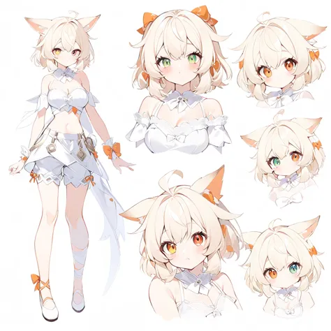 The fox girl,1girl,short hair, The hairstyle is like Klee's,animal ears, bangs, bare shoulders, blonde hair, blush, bow, breasts...