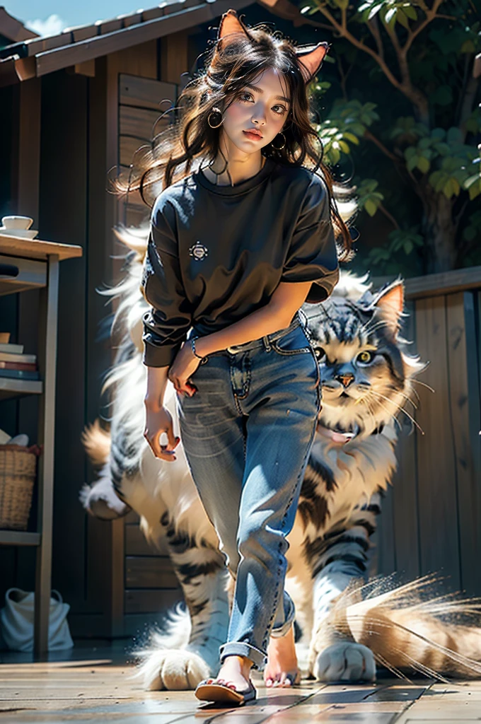 Photorealistic,Realistic,Photography,masutepiece,Best Quality,Ultra-detailed,the Extremely Detailed CG Unity 8K Wallpapers,1girl,gigantic cat,Oversized cat,Outdoors,on grassland,