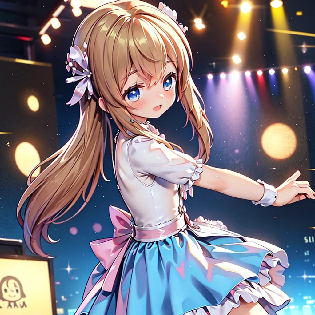 masterpiece, best quality, CG wallpaper, 8k, solo girl, cute, petite, Blue eyes, brown twin tail, yellow dress, open mouth smile, look away and face other side, dance at the stage, neon and led lights, from side 
