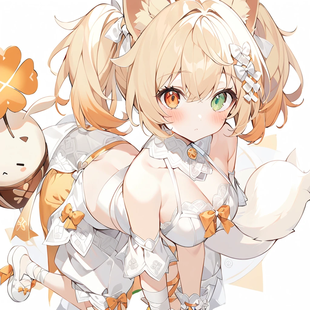 The fox girl,1girl,short hair, The hairstyle is like Klee's,animal ears, bangs, bare shoulders, blonde hair, blush, bow, breasts, white cleavage, cropped torso, , green eyes, hair ribbon, heterochromia, , looking at viewer, , orange bow, orange eyes, orange ribbon,  ribbon, solo, stuffed animal, , , twintails, upper body, full-length, white legbands, white shoes with lace and white bows, white background, wrist cuffs, yellow eyes, bloomers, close-up, fair skin frills, lace, midriff, skirt, solo, , white background,shorts, white top with ribbon and lace and trousers,trousers, genshin,white slippers with a bow,All clothes are white, laceAt full height, it stands,bandaged hands, short hair , ankle lace-up, ankle ribbon, bow, leg ribbon, lineart, , shoes, , standing, , white bow, white footwear,