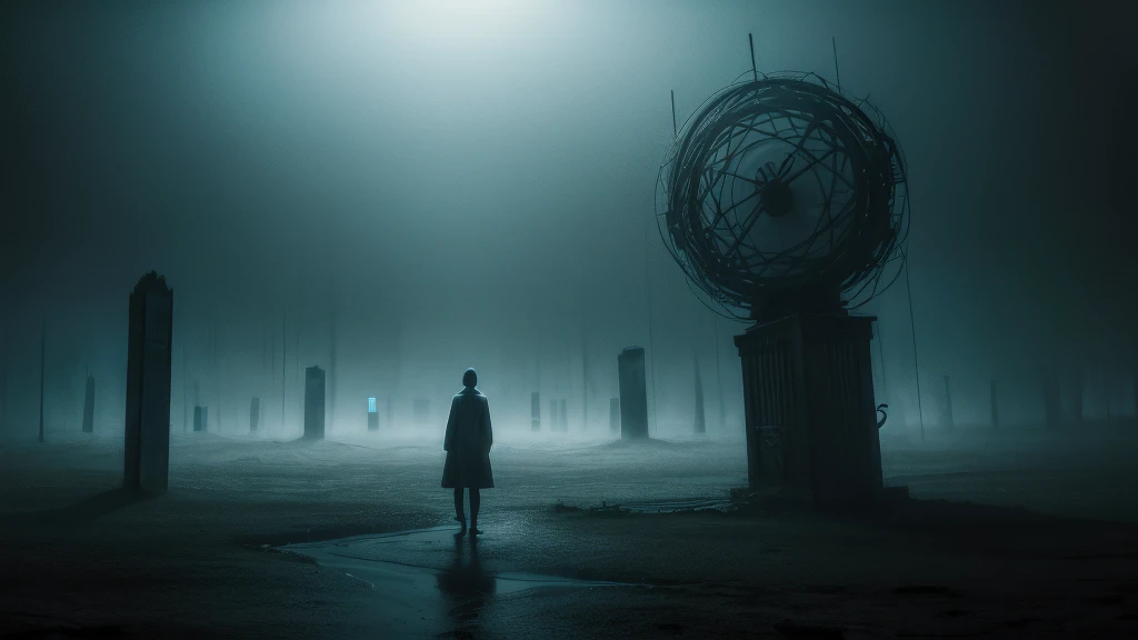 surreal image that conveys deep sadness, melancholy and isolation. Imagine a desolate landscape under a gloomy sky, where the colors are dull and the atmosphere feels heavy. In the center, place a solitary figure whose body appears to disintegrate in the wind, symbolizing a sense of disappearance. Surround this figure with surreal elements, such as floating clocks, distorted mirrors, and ethereal shadows that reflect a dreamlike quality. Ensure the overall composition evokes a feeling of deep loneliness and introspection, with intricate details drawing the viewer into a world of haunting beauty and emotional depth from the dark underworld landscape of my dreams and nightmares.