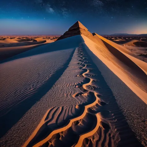 foreground a vast desert with beautiful dunes which have different sizes, some larger than others, these look like fine, soft sa...