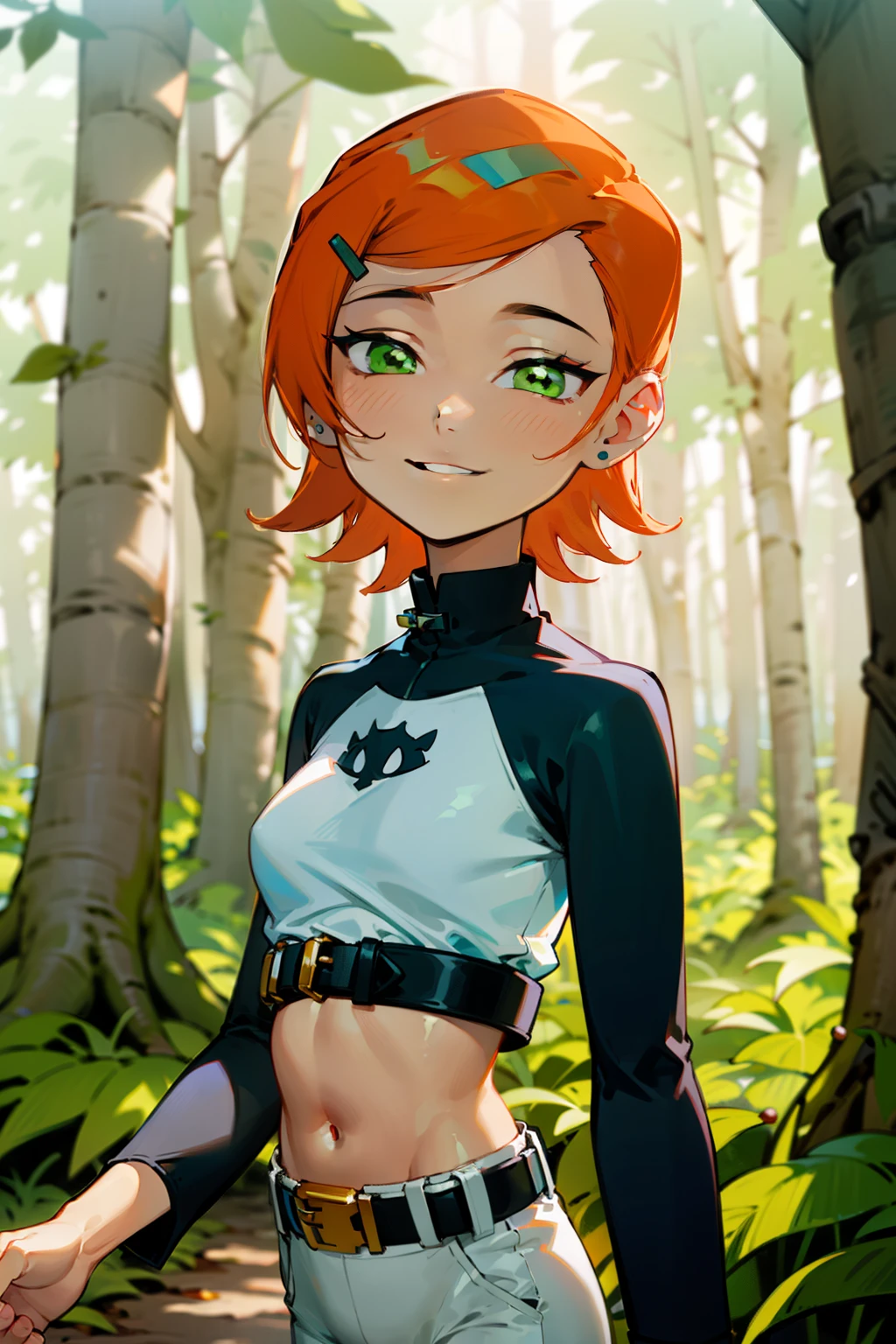 (Masterpiece), Best Quality, ultra-detailed, 1girl (Gwendolyn_Tennyson, breasts, orange hair, short hair, green eyes, half-closed eyes), a charming face, smile,  parted lips,  looking at viewer, solo, long sleeves, navel, belt, white pants, forest, walk,  charming walking, sexy waist teasing 