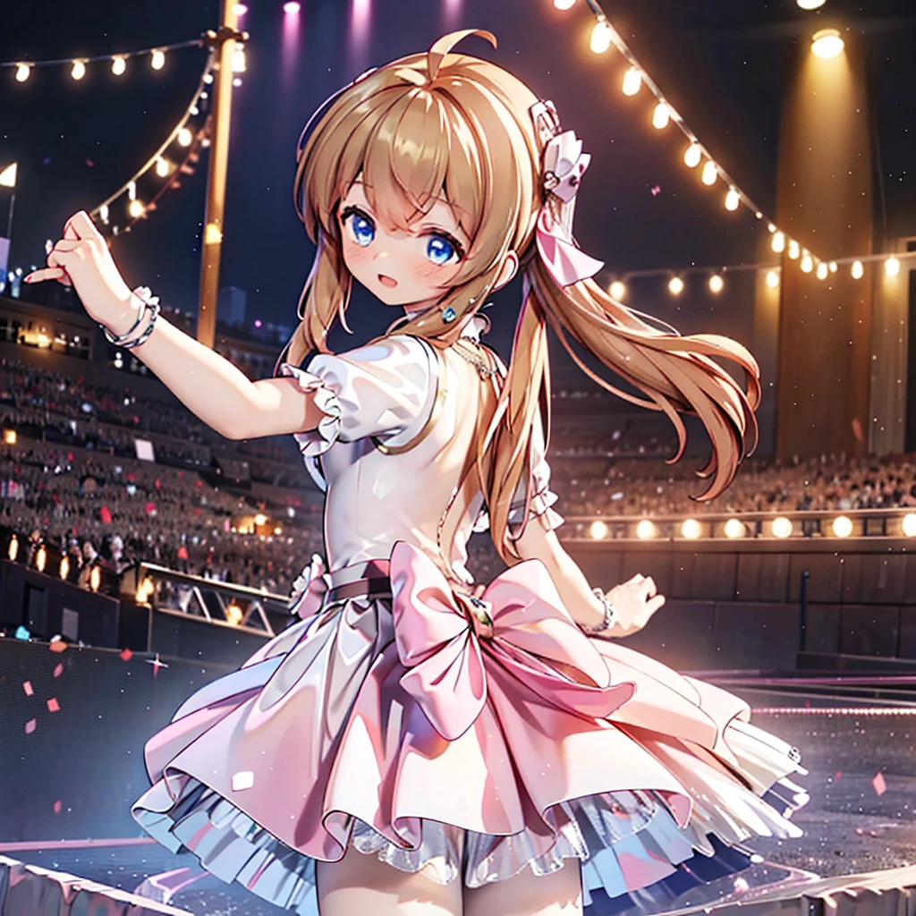 masterpiece, best quality, CG wallpaper, 8k, solo girl, cute, petite, Blue eyes, brown twin tail, yellow dress, open mouth smile, look away and face other side, dance at the stage, neon and led lights, from behind
