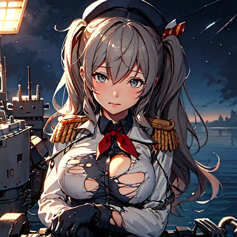 {{kashima (kancolle)}}, blue eyes, medium [[[large]]] breasts, twintails, wavy grey hair, military uniform, dark grey shirt, col...