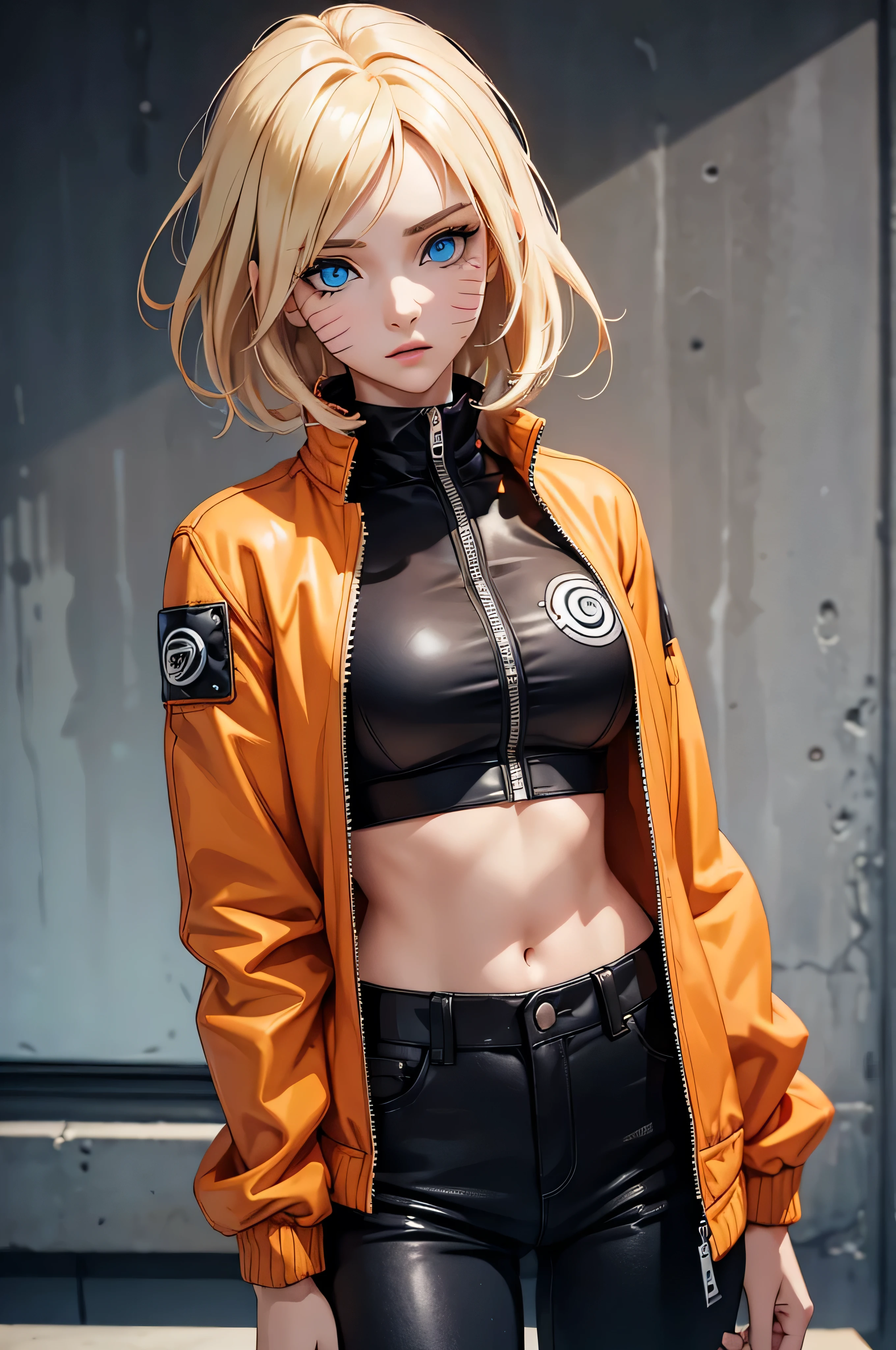 (masterpiece, best quality:1.2), expressive eyes, perfect face, highres, 1girl, solo, (female:1.5), NarukoUzumaki, blue eyes, blonde hair, long hair, facial mark, whisker markings, short hair, long sleeves, jacket, opened jacket, (naruto outfit), midriff, orange-black jacket, meshes, pants, black pants, standing, upper body, looking at the viewer