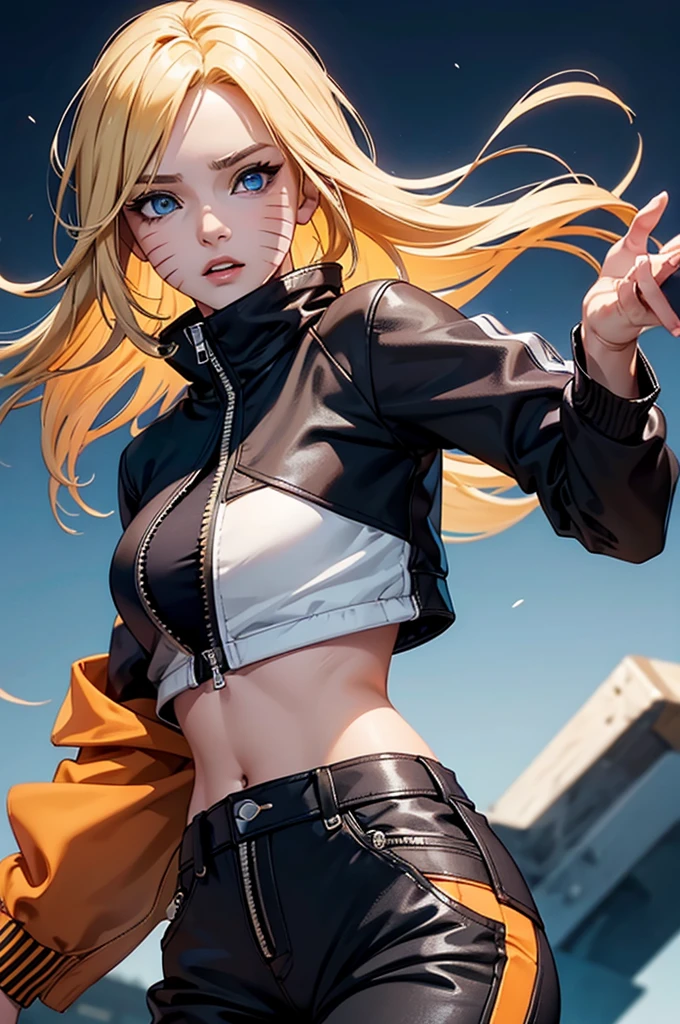 (masterpiece, best quality:1.2), expressive eyes, perfect face, highres, 1girl, solo, (female:1.5), NarukoUzumaki, blue eyes, blonde hair, long hair, facial mark, whisker markings, short hair, long sleeves, jacket, opened jacket, (naruto outfit), midriff, orange-black jacket, meshes, pants, black pants, standing, upper body, looking at the viewer