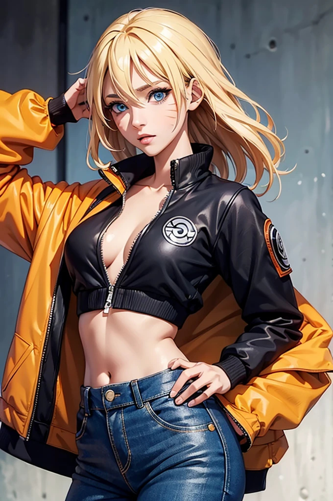 (masterpiece, best quality:1.2), expressive eyes, perfect face, highres, 1girl, solo, (female:1.5), NarukoUzumaki, blue eyes, blonde hair, long hair, facial mark, whisker markings, short hair, long sleeves, jacket, opened jacket, (naruto outfit), midriff, orange-black jacket, meshes, pants, black pants, standing, upper body, looking at the viewer