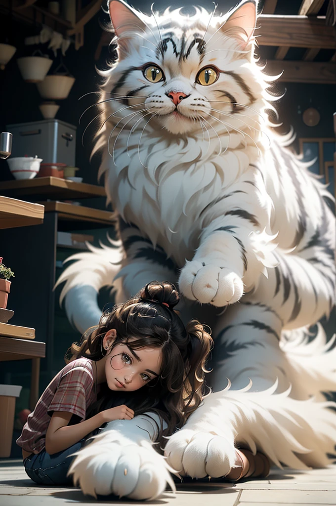 Photorealistic,Realistic,Photography,masutepiece,Best Quality,Ultra-detailed,the Extremely Detailed CG Unity 8K Wallpapers,1girl,gigantic cat,Oversized cat,Outdoors,on grassland,