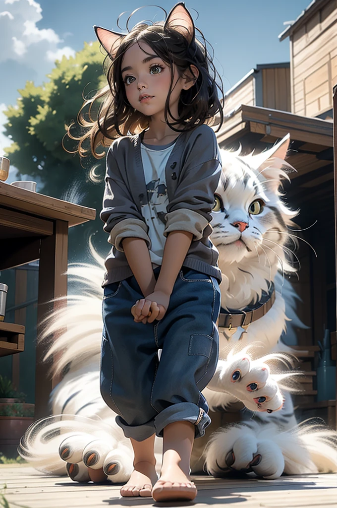 Photorealistic,Realistic,Photography,masutepiece,Best Quality,Ultra-detailed,the Extremely Detailed CG Unity 8K Wallpapers,1girl,gigantic cat,Oversized cat,Outdoors,on grassland,