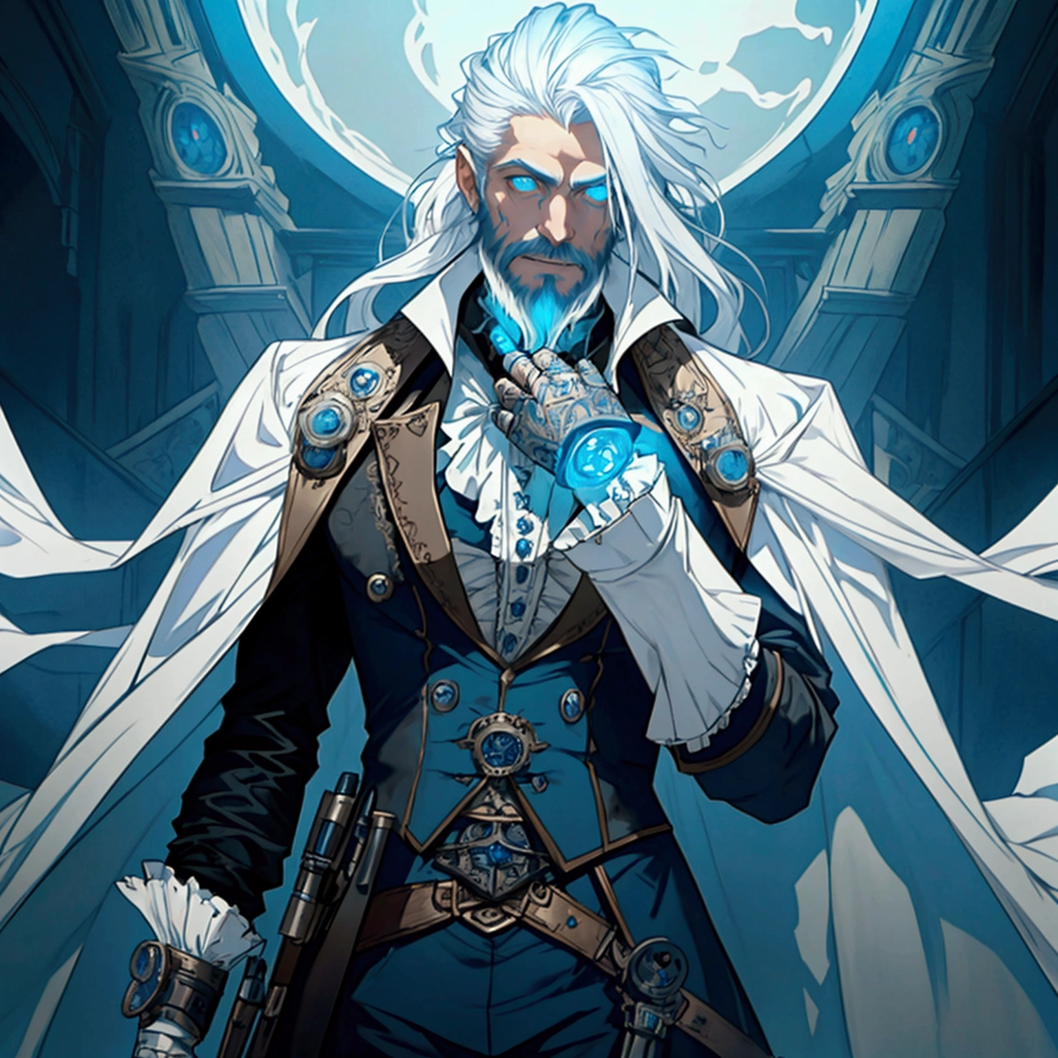 an athletic lithe male with long white hair and a scruffy beard, glowing blue eyes and a ghostly look to him, wearing a steampunk inspired victorian outfit, transparent flesh, ghost flesh, photo realistic, masterpiece