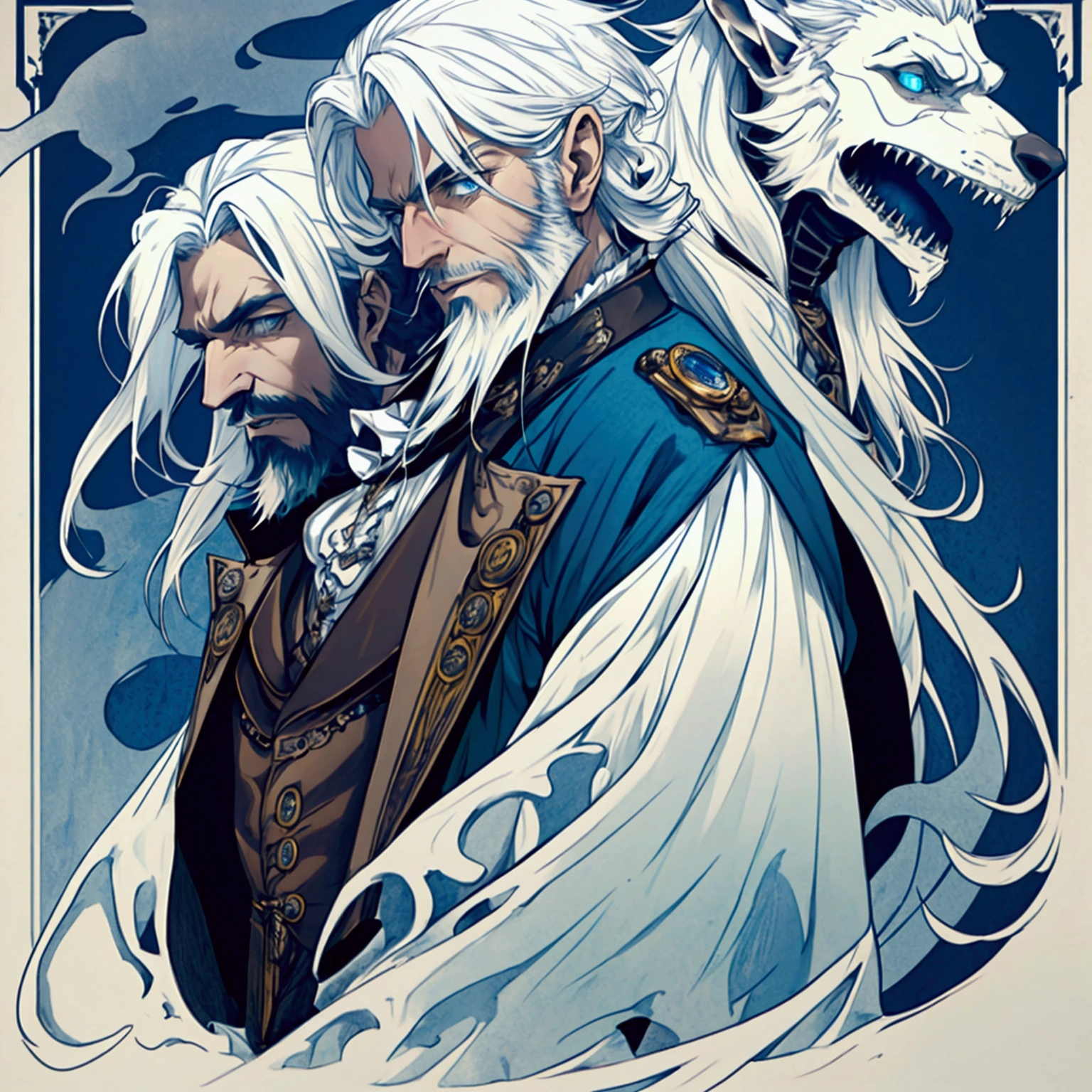 an athletic lithe male with long white hair and a scruffy beard, blue eyes and a ghostly look to him, wearing a steampunk inspired victorian outfit