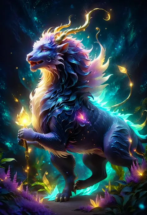 ((a giant glowing magical creature))，(glowing chimera)，they will laugh，out of this world，ethereal，uv，translucent，magic animals，n...