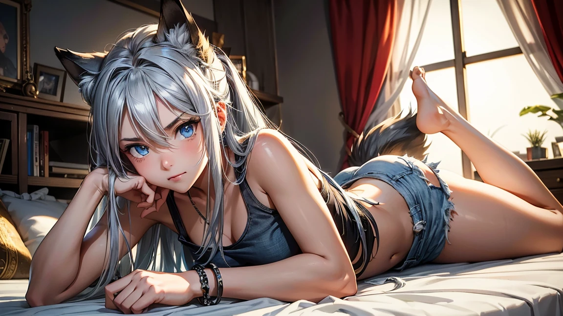 Create a high-quality image of an 18 year old wolf girl. She has long silver hair and blue eyes, wearing a tank top and denim shorts that look torn from an intense battle, destacando sua figura esbelta. The girl is lying on her back with her face looking at the camera while biting her lower lip seductively. She is adorned with chain accessories, a black bracelet, The perspective is from top to bottom, focusing on her in bed, capturing the serene and relaxed pose. The scene takes place during a warm summer night with the window open., allowing a gentle breeze to flow. its open, The bright room is filled with nerdy items that show off your love for video games and anime, including gaming equipment, like a gaming PC, gaming table, gaming chair, and game console, as well as anime posters and figurines. The image must display high-quality visual artwork, with intricate detail, capturing a peaceful and welcoming atmosphere.